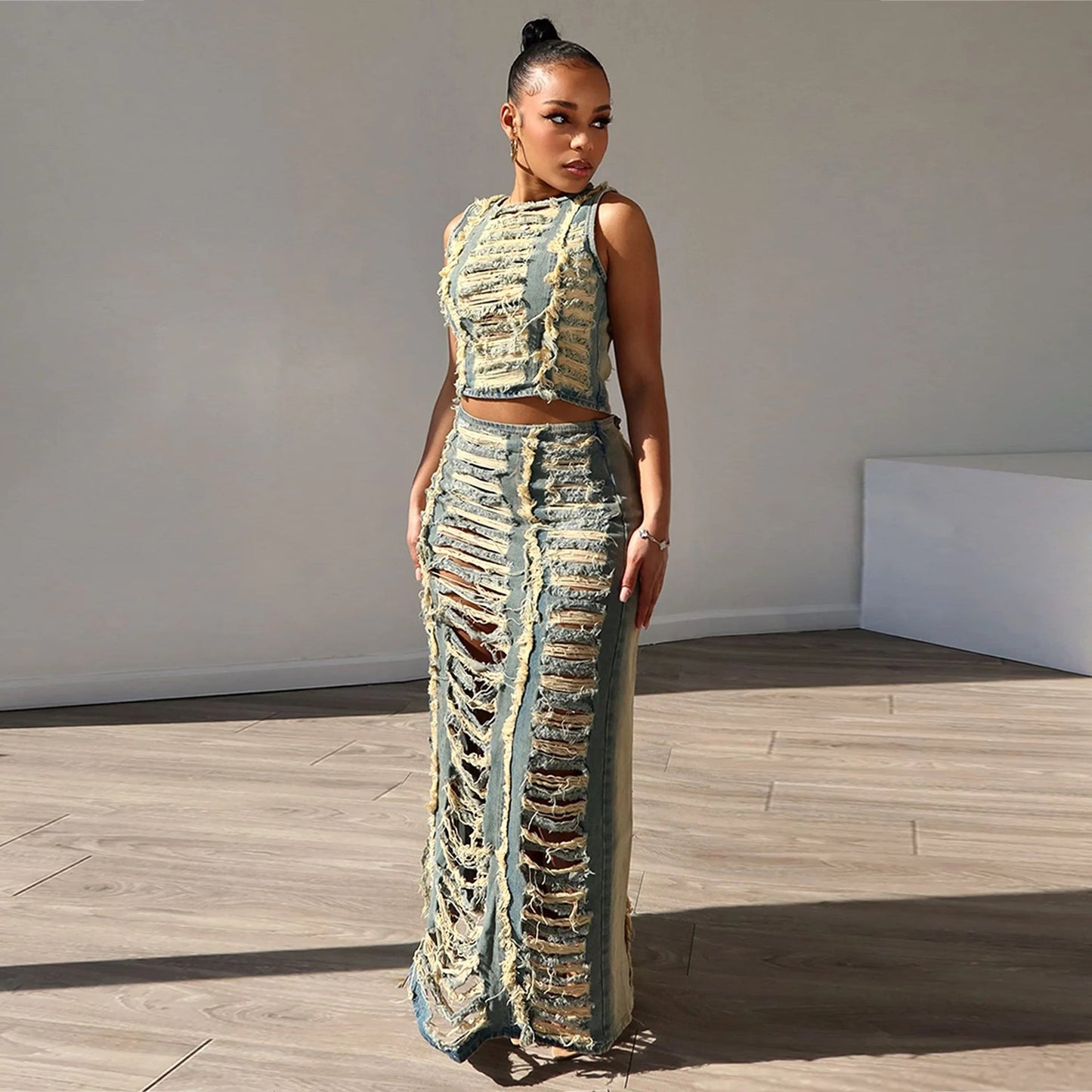 Traje de mezclilla para mujer, chaleco personalizado usado a mano, conjunto de falda de mezclilla con abertura alta