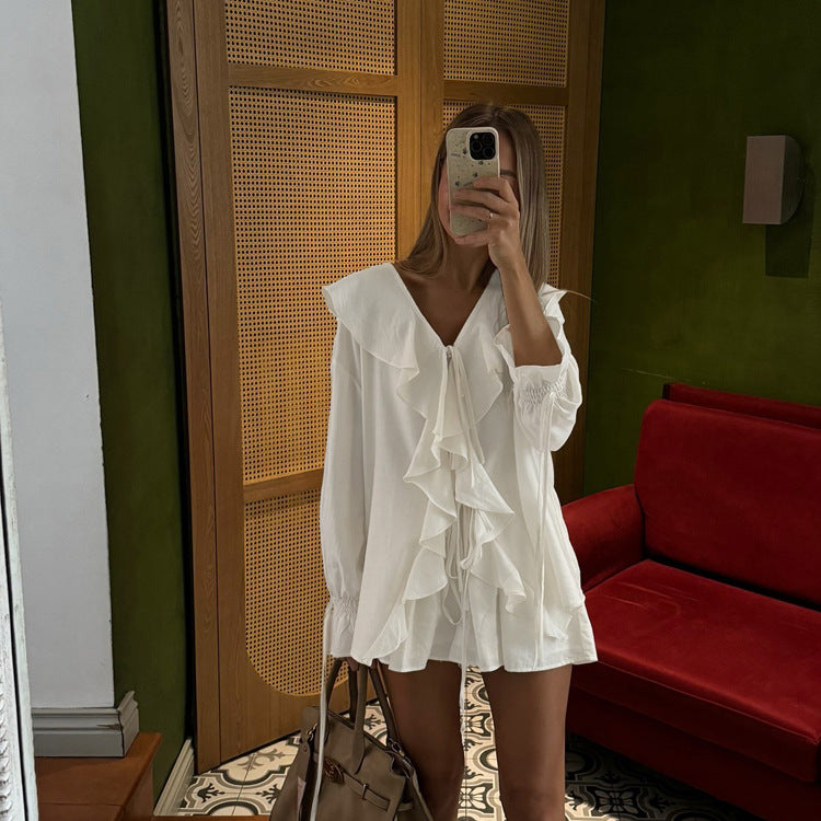 Casual French Design Bell Sleeve Loose Top Shorts Two Piece Set