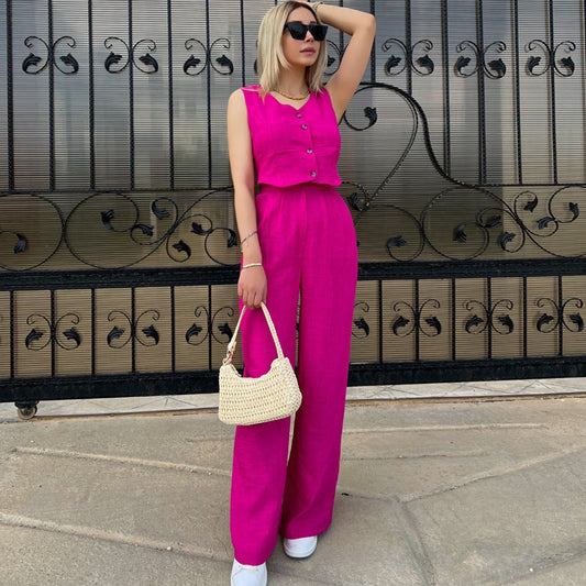 Conjunto de dos piezas formado por camiseta y pantalón corto de verano, sin mangas, color liso, para mujer