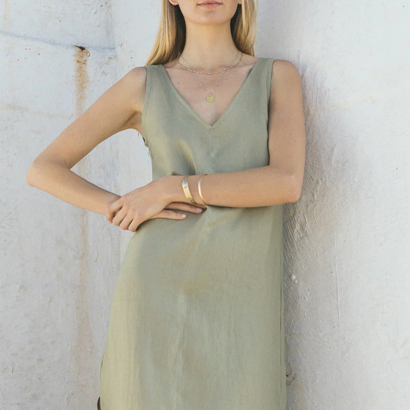 Summer Casual Front Back V Neck Dress Linen Sleeveless High Waist Split Knee Length Backless Cotton Linen Vest Dress
