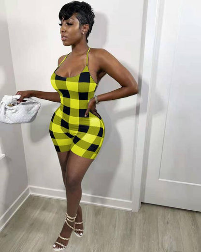 Women Sexy Print Plaid Romper