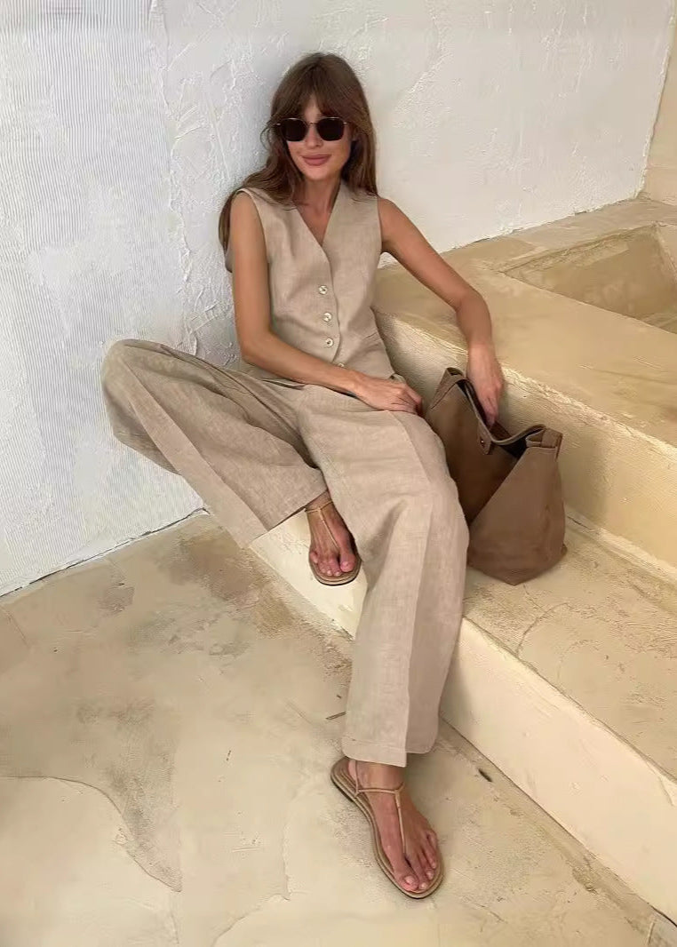 Linen Vest & Wide-Leg Pants Set