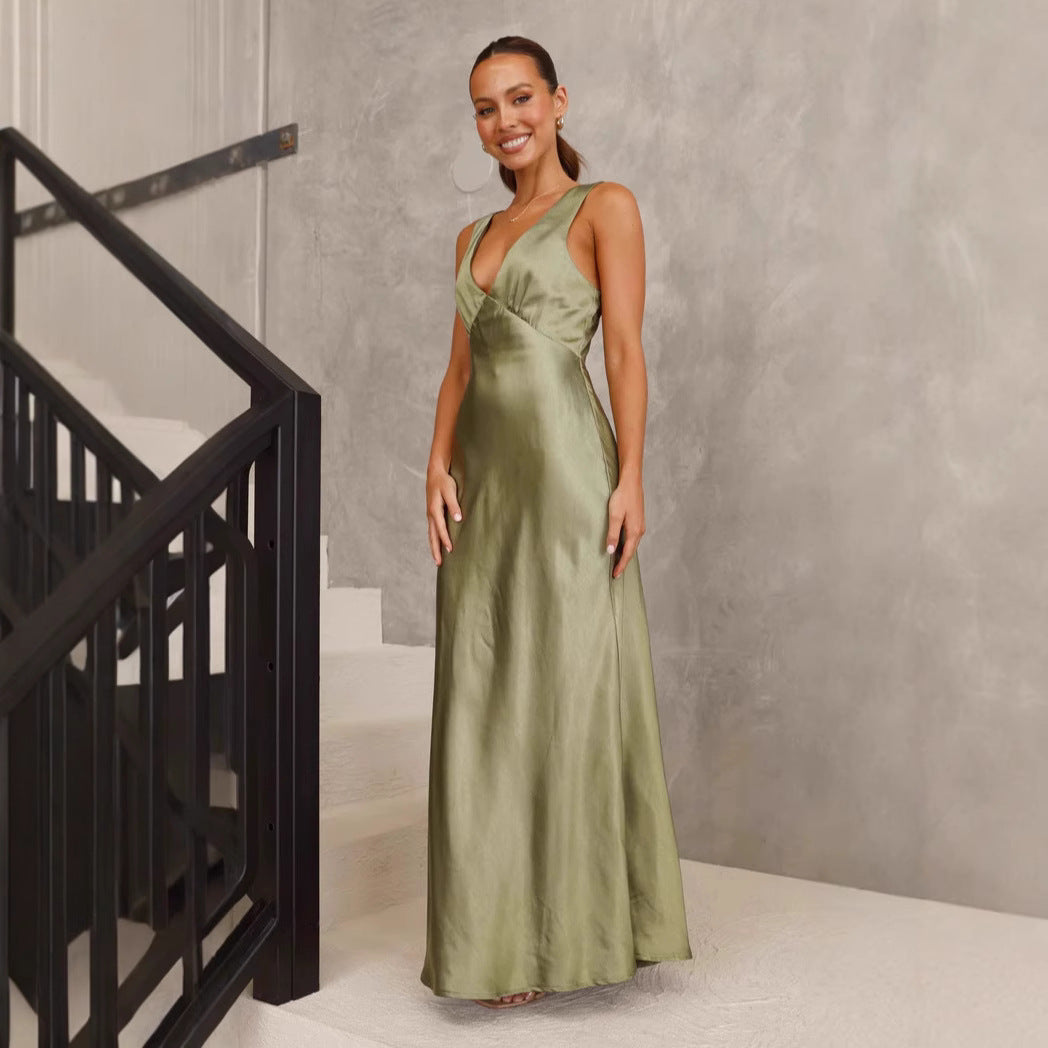 Women Dress Solid Color V neck Slim Fit Sexy Dress Evening Dress