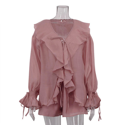 Casual French Design Bell Sleeve Loose Top Shorts Two Piece Set