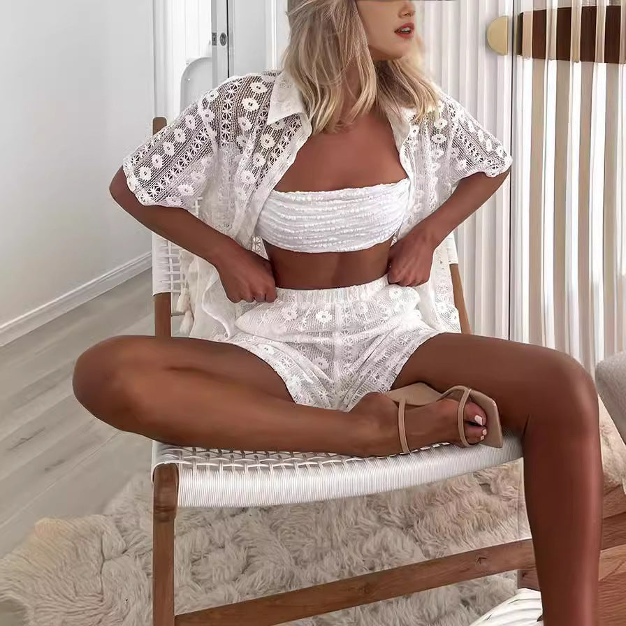 Casual White Lace Hollow Out Cutout Short Sleeve Cardigan Shorts Two Piece Set