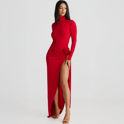 Autumn Women High Collar Backless Long Sleeves Jumpsuit Sexy Slit Dress