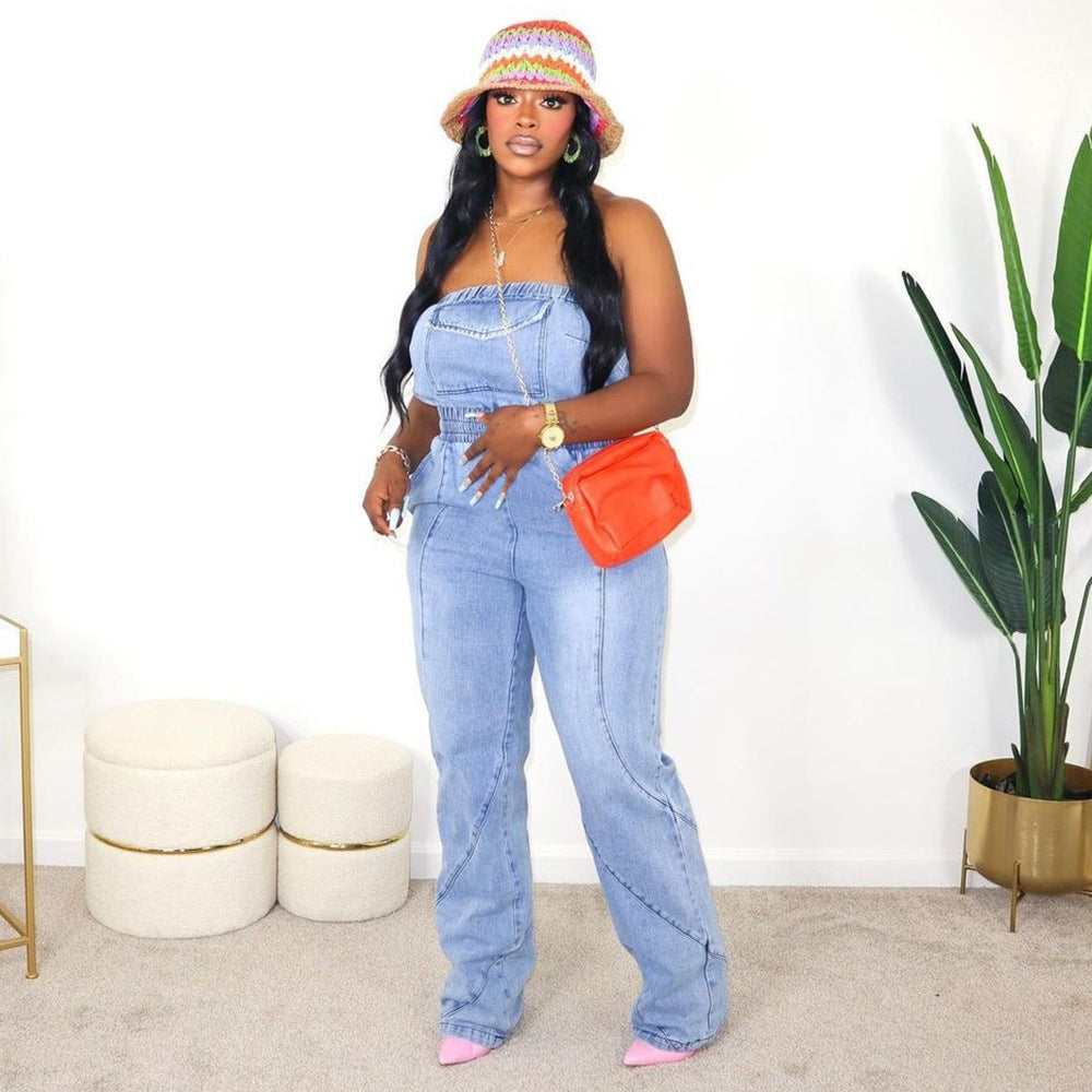 Mono vaquero para mujer, lavado con agua, con bolsillo, espalda descubierta y cosido, para otoño e invierno