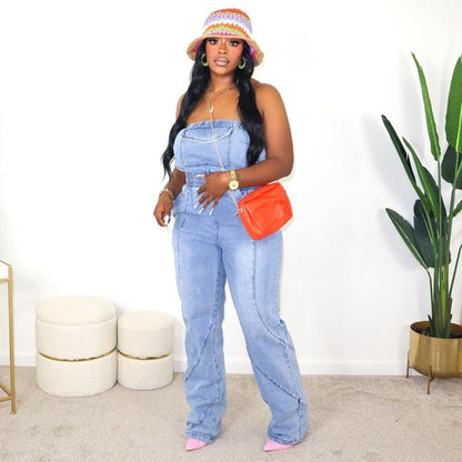 Mono vaquero para mujer, lavado con agua, con bolsillo, espalda descubierta y cosido, para otoño e invierno