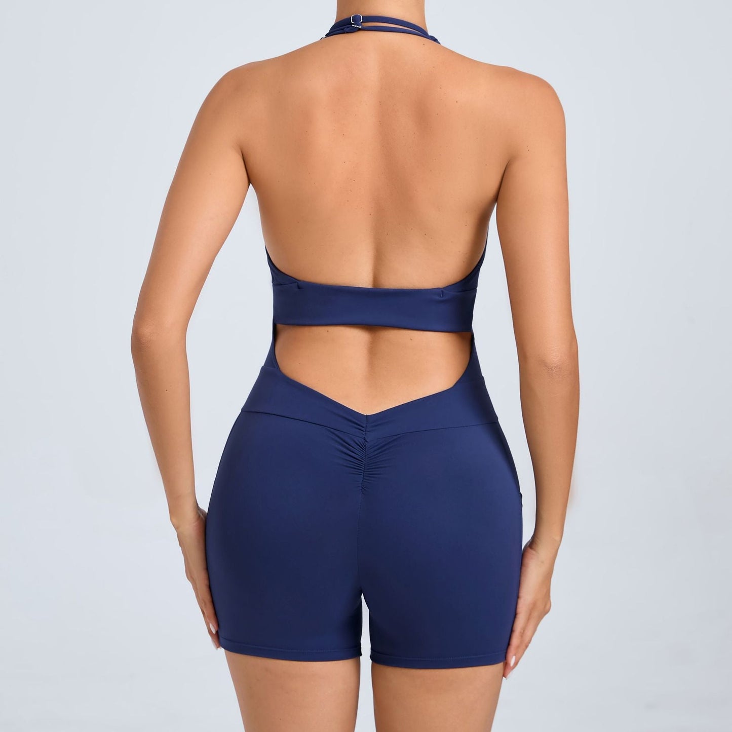 Mono de yoga con cuello halter ajustable sin espalda y tacto nude, con dos bolsillos laterales, para uso exterior, mono deportivo para fitness