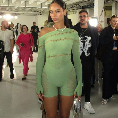 Ropa de mujer Otoño Invierno Ropa de mujer Hombro Jacquard Manga larga Ropa de rejilla Mono ajustado