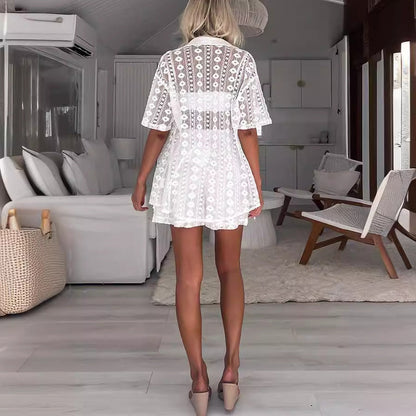 Casual White Lace Hollow Out Cutout Short Sleeve Cardigan Shorts Two Piece Set