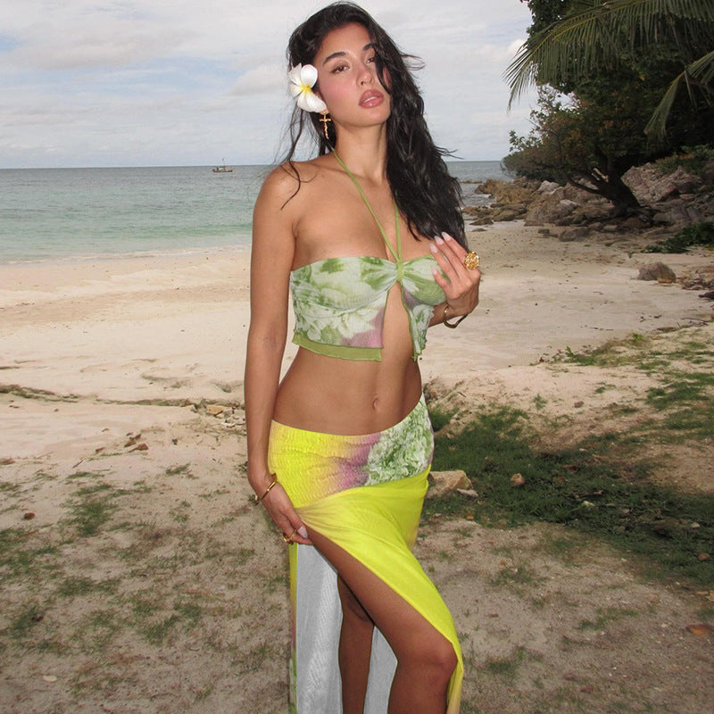 Conjunto de falda de longitud media con abertura y tirantes finos para mujer, ropa de otoño e invierno con estampado de malla y personalidad