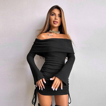 Autumn Socialite Elegant Sexy Slim off Shoulder Drawstring Bag Hip Dress Women