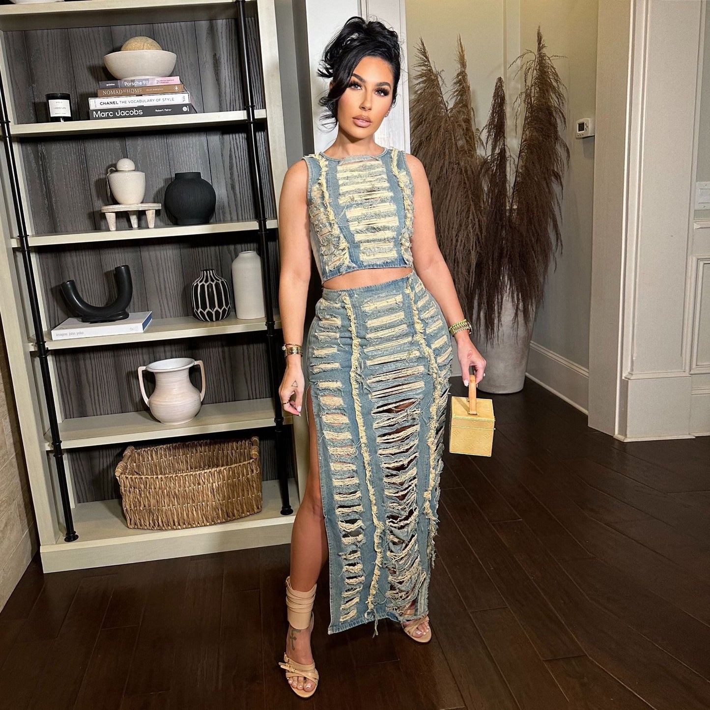 Traje de mezclilla para mujer, chaleco personalizado usado a mano, conjunto de falda de mezclilla con abertura alta