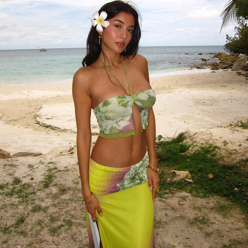 Conjunto de falda de longitud media con abertura y tirantes finos para mujer, ropa de otoño e invierno con estampado de malla y personalidad