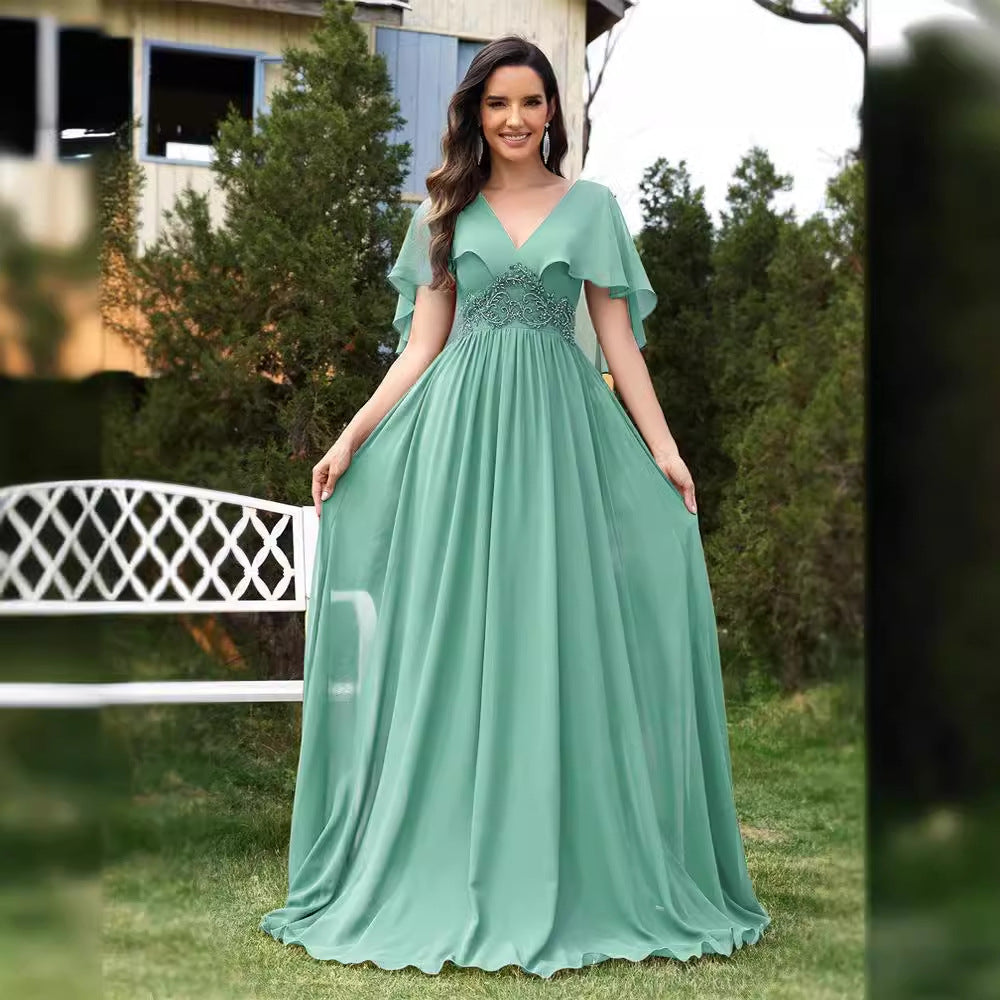 Vestido de noche verde de gasa con apliques, corte entallado, mangas acampanadas, vestido de dama de honor para cóctel para mujer