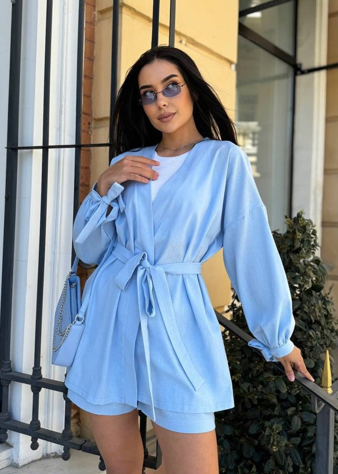 Taffy Wrap-Front Linen Set – Belted Long Sleeve Shirt & High-Waisted Shorts