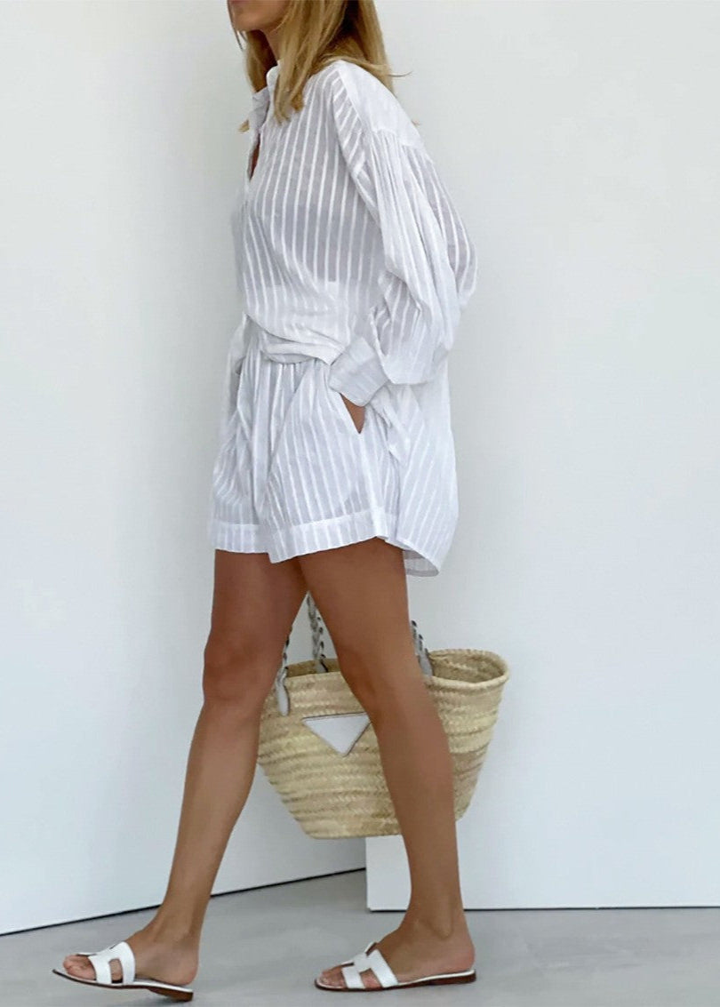 White Shoreline - Striped Cotton Shirt and Shorts Set