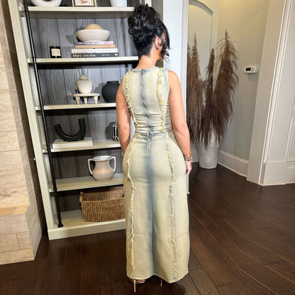 Traje de mezclilla para mujer, chaleco personalizado usado a mano, conjunto de falda de mezclilla con abertura alta