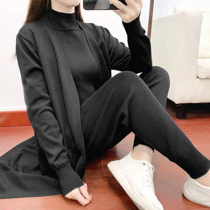 Conjuntos elegantes de moda de otoño para mujer, ropa de estilo occidental, aspecto juvenil, informal, de punto, cárdigan, chaleco, pantalones, conjunto de tres piezas