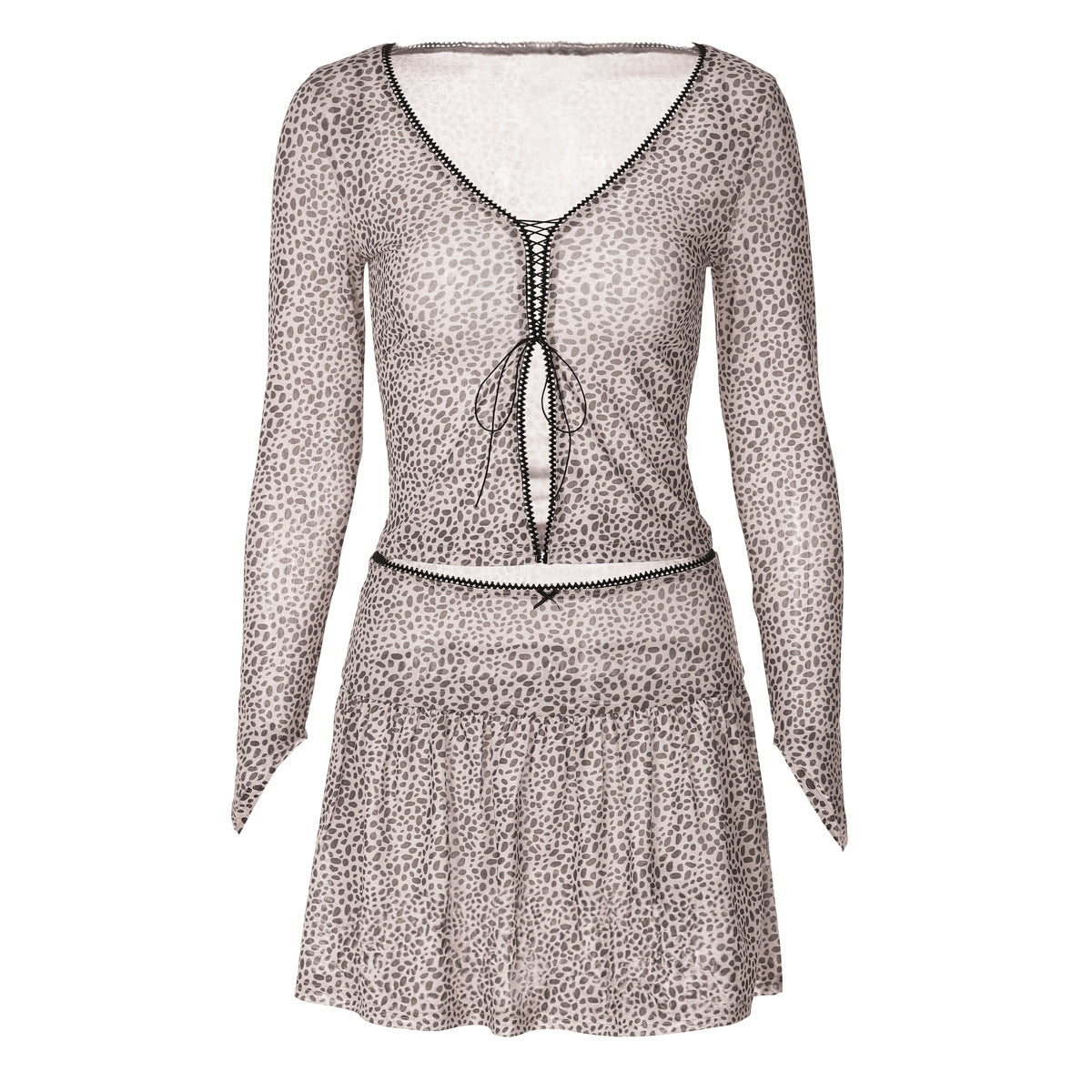 Women Summer Leopard Print Printed Sexy V neck Cardigan Strap Long Sleeved T shirt Miniskirt Set