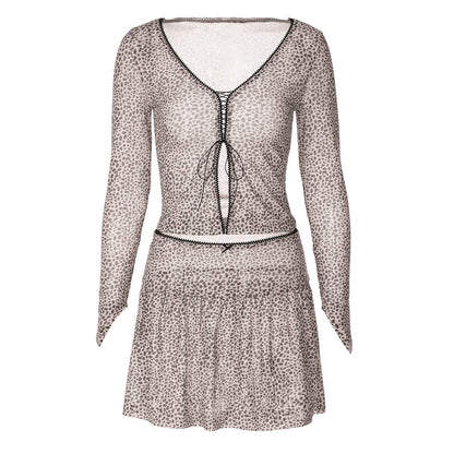 Women Summer Leopard Print Printed Sexy V neck Cardigan Strap Long Sleeved T shirt Miniskirt Set