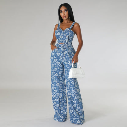 Ropa de otoño e invierno para mujer, traje de mezclilla jacquard, top cruzado para discoteca, pantalones de pierna ancha, traje