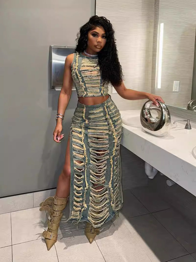 Traje de mezclilla para mujer, chaleco personalizado usado a mano, conjunto de falda de mezclilla con abertura alta