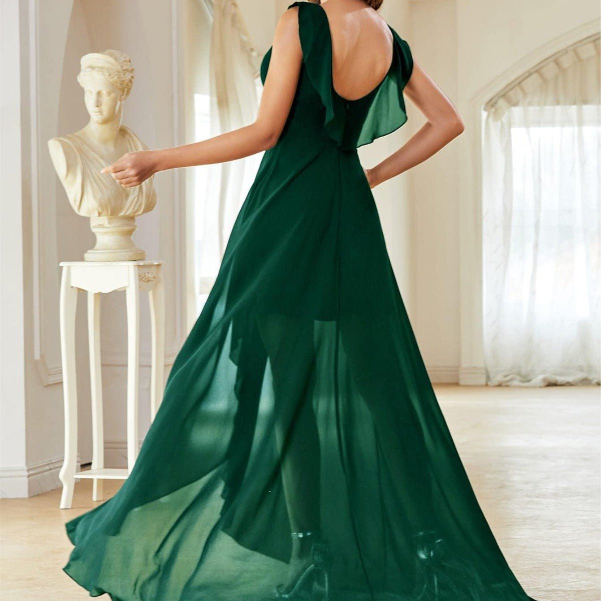 V neck Chiffon Evening Dress Chest Pleated Backless Front Short Back Long Dance Dress Party Dress Bridesmaid Dress