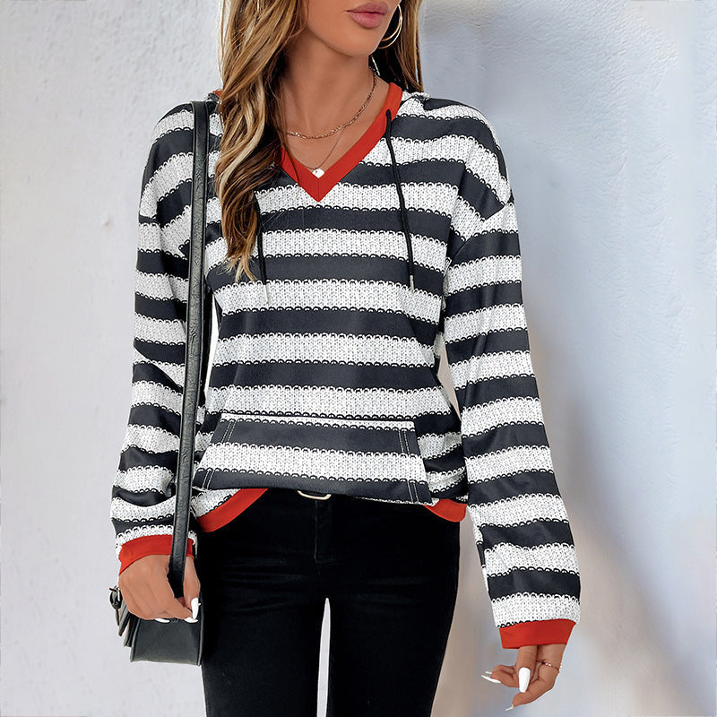 Women Clothing Contrast Color Striped Sweatshirt Autumn Pullover Casual Hooded Top Women