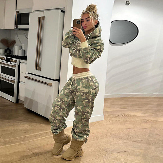 Casual Contrast Color Cinched Hoodie Long Sleeve Sweatshirt Sweatpants Two Piece Camouflage Cardigan Coat Trousers Sets