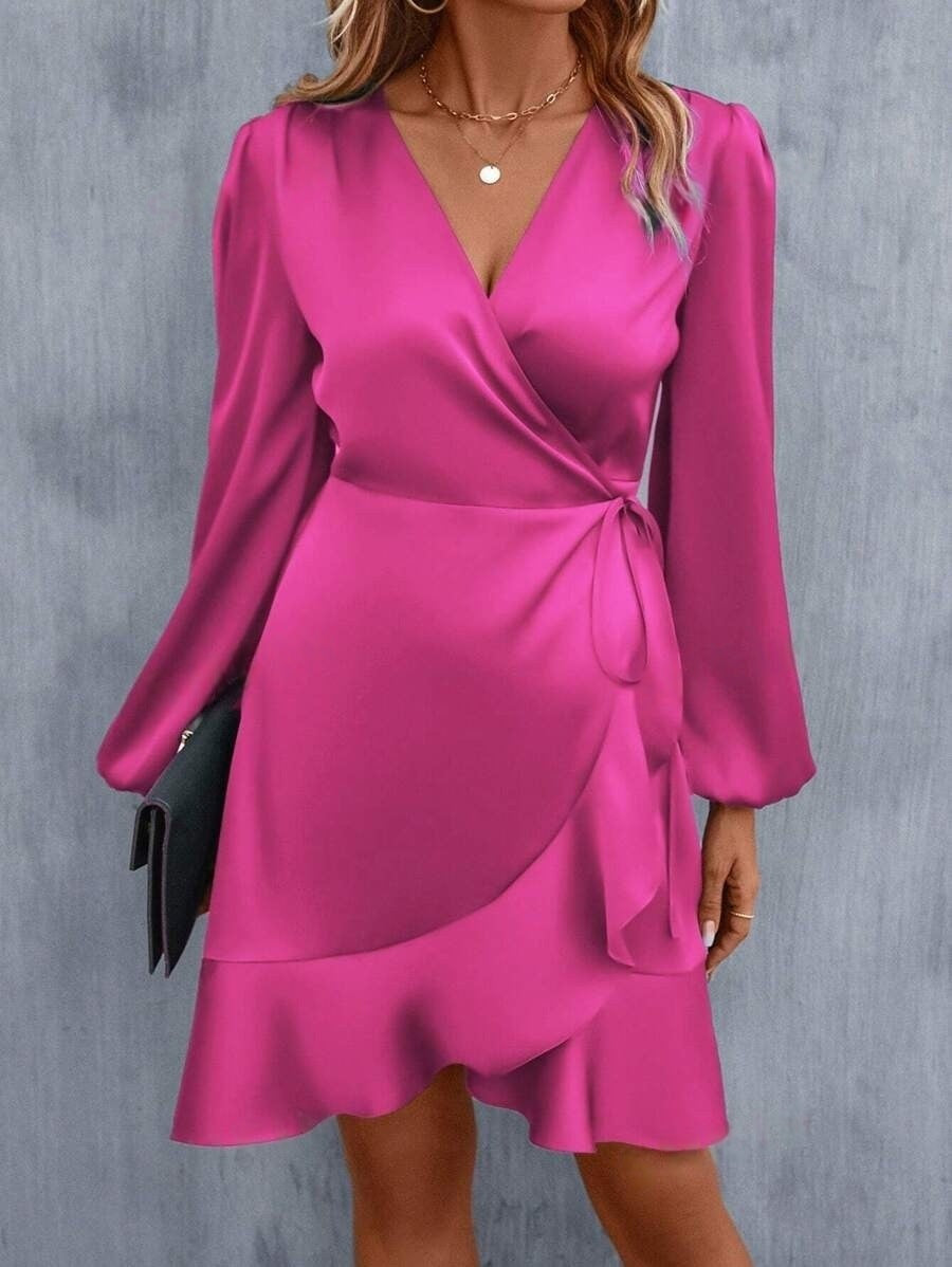 V neck Dress Satin Waist Tight Low Cut Casual Midi Dress Sweet Women Clothing