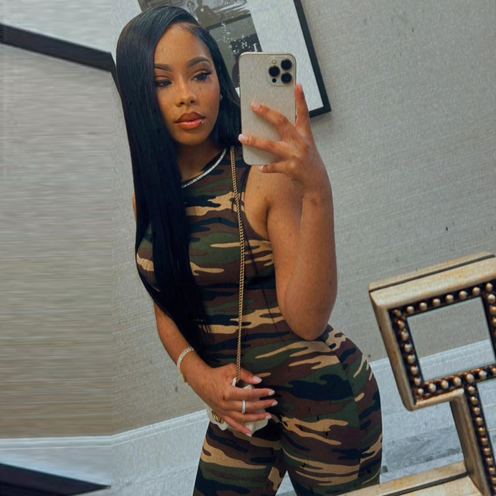 Autumn Winter Camouflage Sexy round Neck One Piece Sleeveless Long Tight Jumpsuit