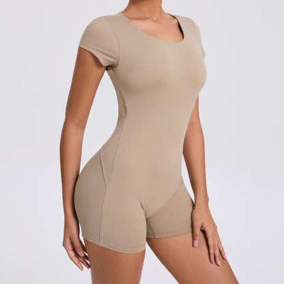 Backless Peach Hip Skinny Yoga Clothes Dance Sports Workout Clothes Hip Lift Belly Shaping Short Sleeve Yoga Jumpsuit