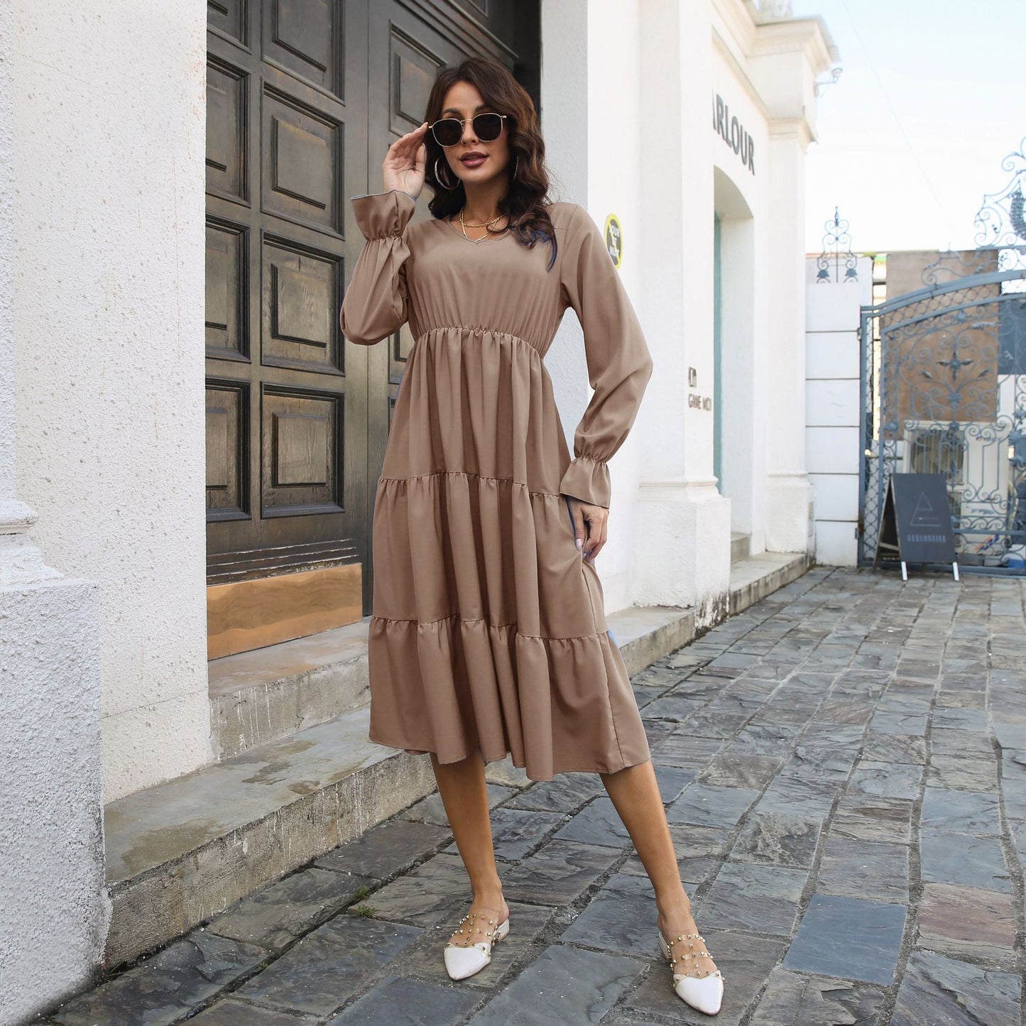 V neck Dress Flared Sleeves Long Sleeves Large Swing Dress Women Chiffon Summer Women Clothing