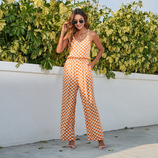 Plaid Printed One Piece Culotte Bohemian Dress Sexy Strap Backless