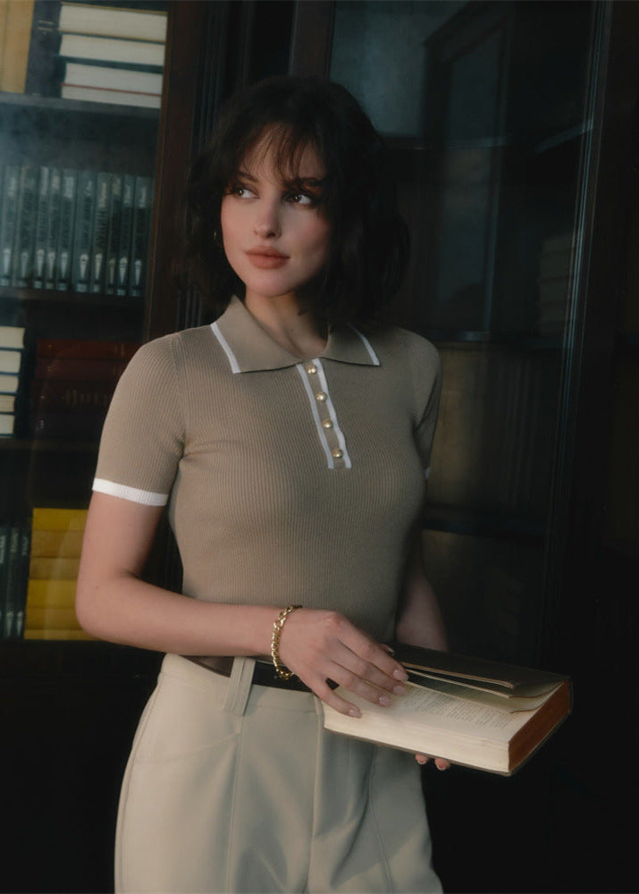 Vienna Line - Ribbed Knit Polo Top with Contrast Trim
