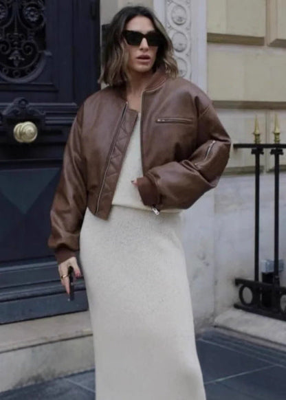 Rhea - Cropped Faux Leather Bomber Jacket
