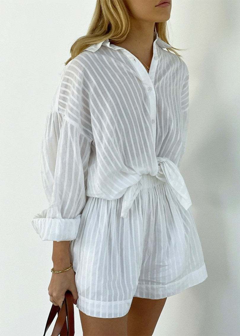 White Shoreline - Striped Cotton Shirt and Shorts Set