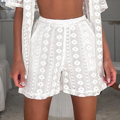 Casual White Lace Hollow Out Cutout Short Sleeve Cardigan Shorts Two Piece Set