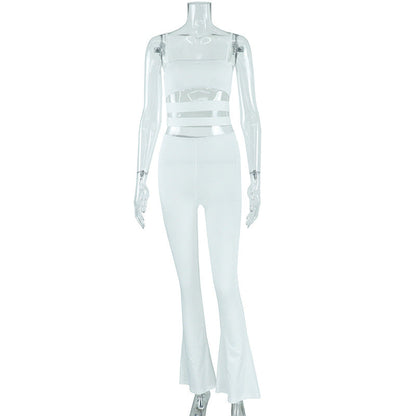 Ropa de otoño e invierno para mujer, chaleco con tirantes y pantalones de color liso con recortes, traje informal ajustado.