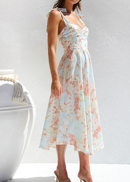 Aquarelle Dress – Soft Blue Floral Tie-Shoulder Midi