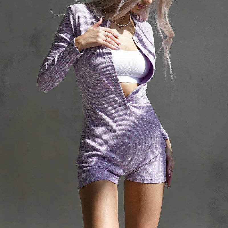 Mono ajustado estampado para mujer, informal, con botones, manga larga y cuello en V