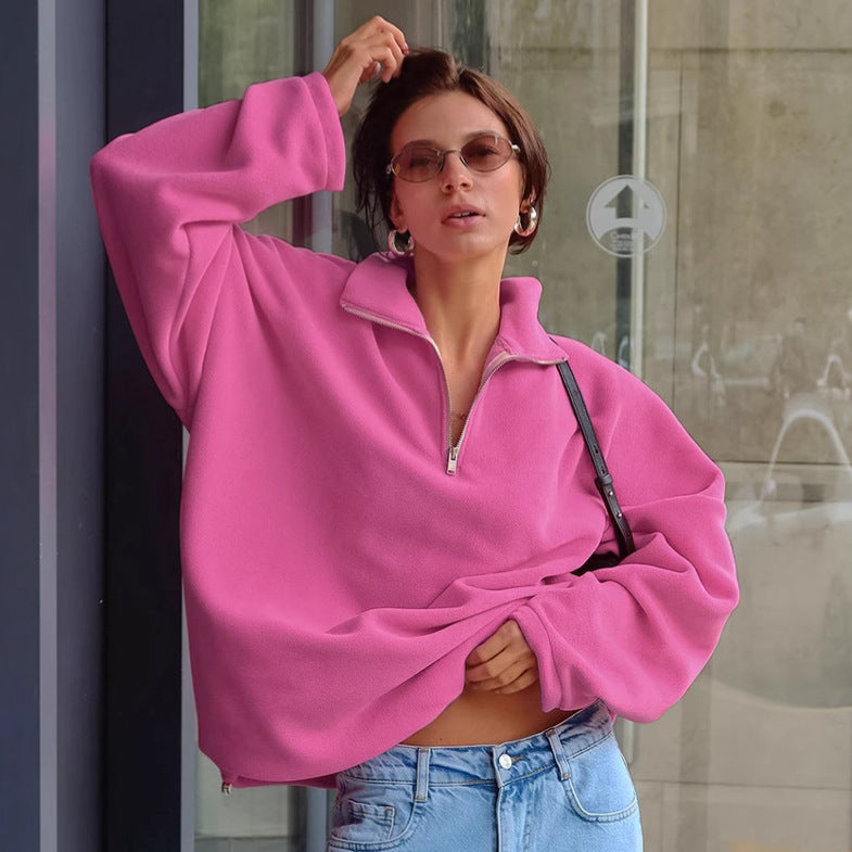 Autumn Winter Pink Collared Fleece Sweatshirt Women Lamb Wool Tops