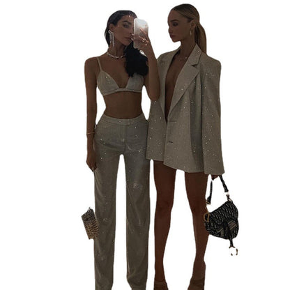 Glitter Camisole Slim Straight High Waisted Trousers Flash Coat Nightclub Suit