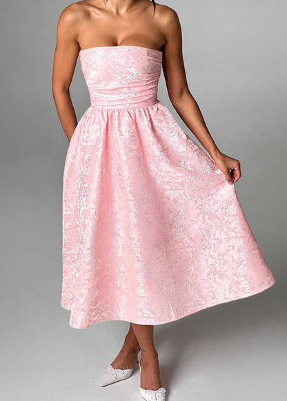Blush Rosette – Strapless Jacquard Midi Dress with Corset Back