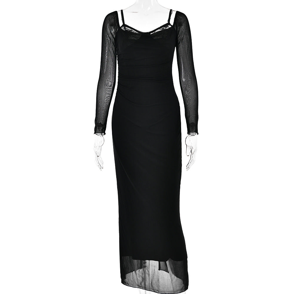 Autumn Long Sleeve Spaghetti Strap Dress Women Sexy Backless Tight Split Maxi Dress