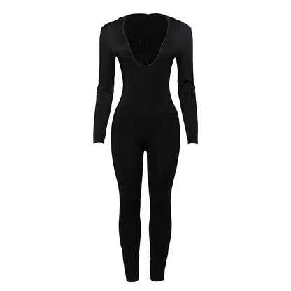 Autumn Solid Color Long Sleeve Hooded Backless Sexy Slim Women Jumpsuit