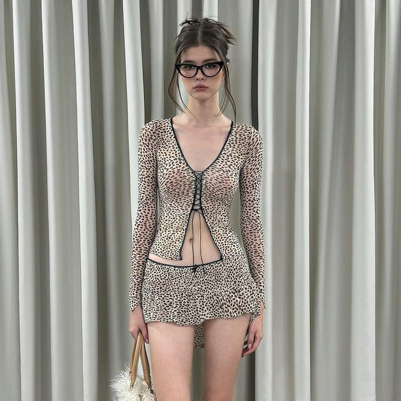 Women Summer Leopard Print Printed Sexy V neck Cardigan Strap Long Sleeved T shirt Miniskirt Set