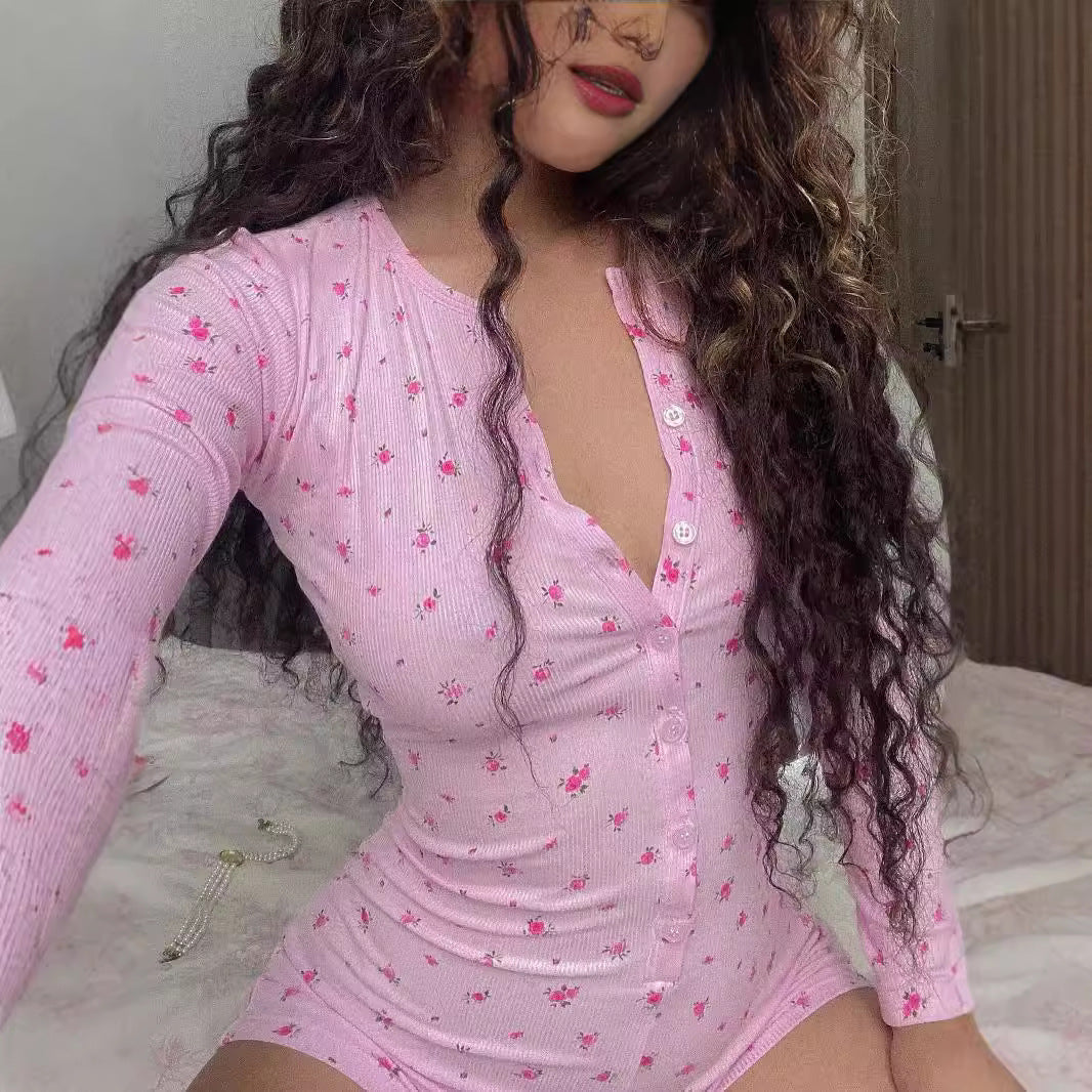Mono informal con estampado floral y escote en V para mujer, con doble botonadura, manga larga, sexy, ajustado, para estar en casa, pantalones cortos a la cadera